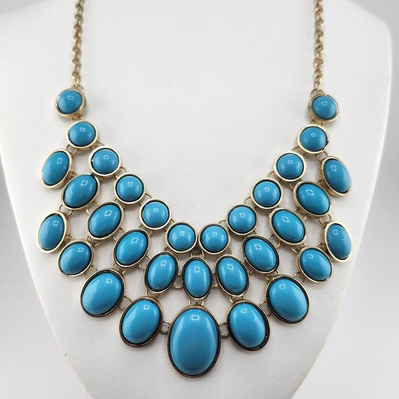 Gold Tone And Turquoise Blue Bib Necklace READ - Picture 1 of 5